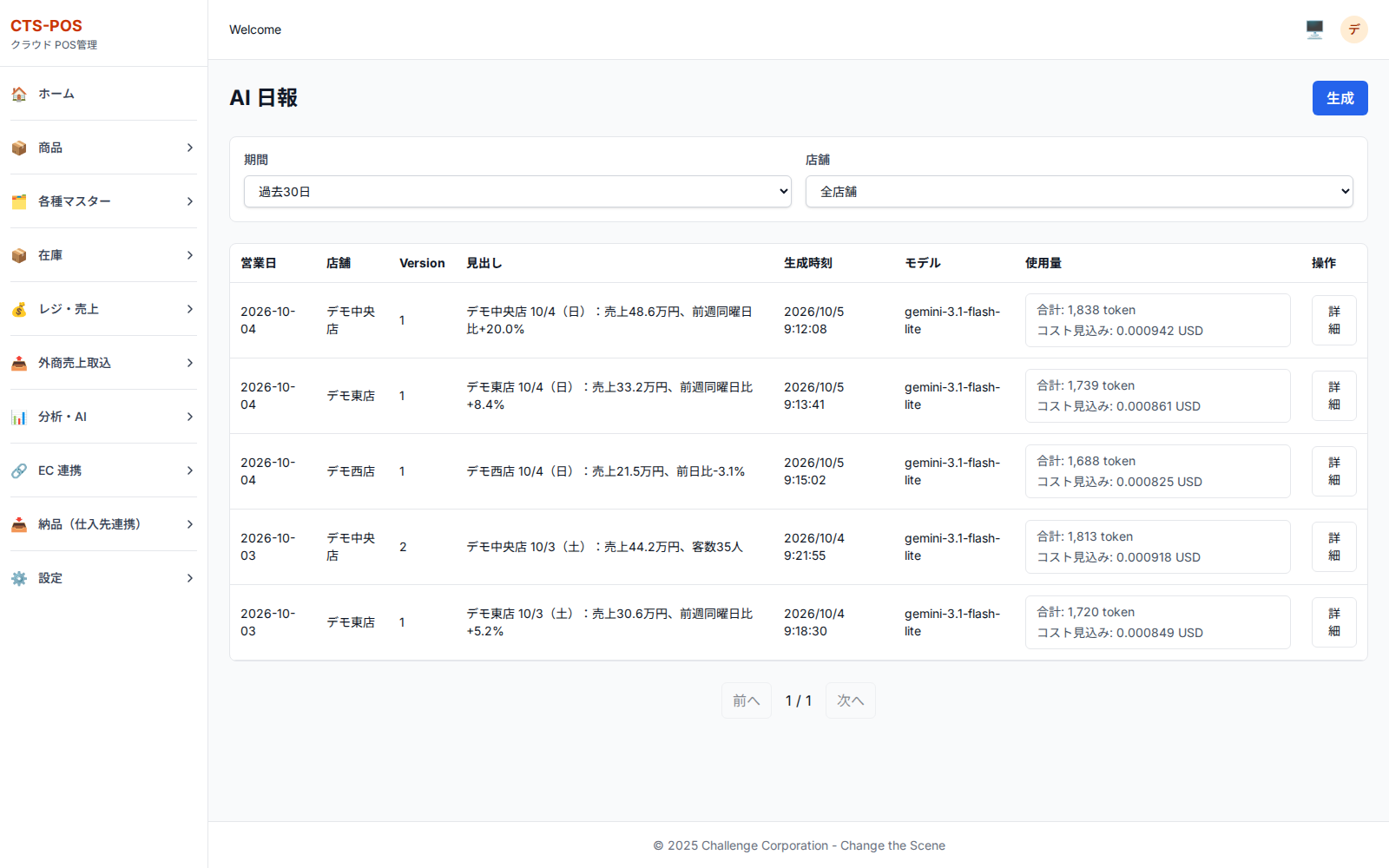 CTS-POSのAI日報一覧画面